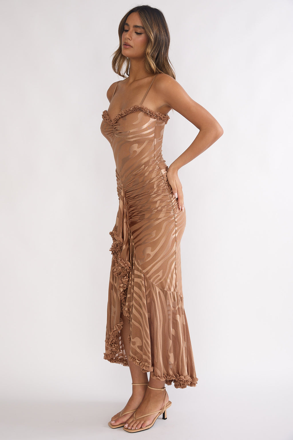 Everine Ruched Frill Trim Maxi Dress Mocha by Selfie Leslie Australia
