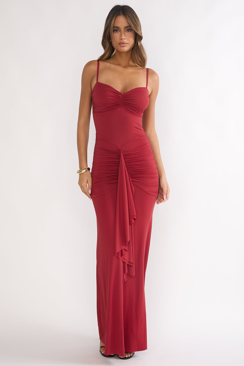 Lunara Ruched Cascade Sash Dress Wine by Selfie Leslie Australia