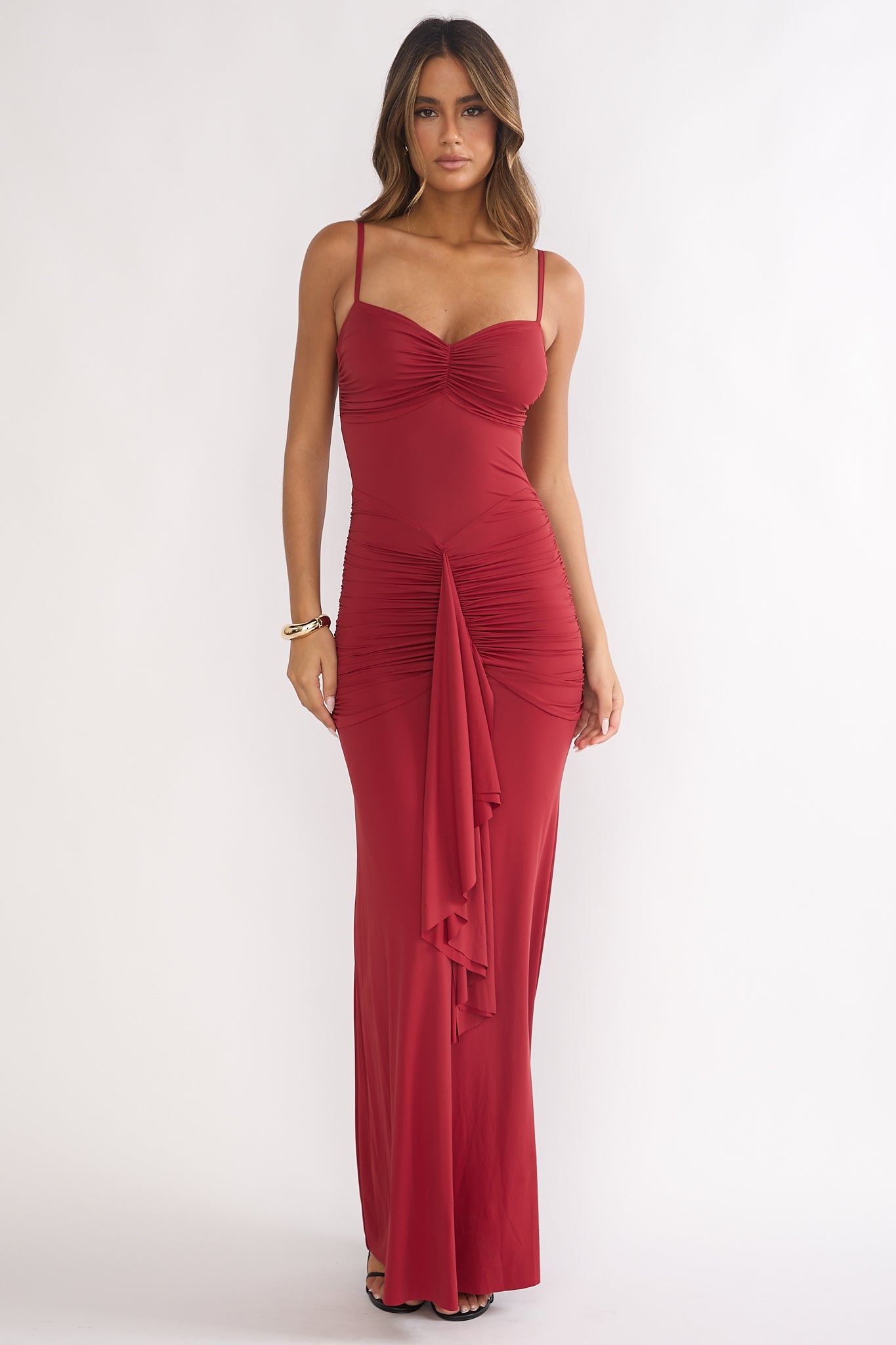 Lunara Ruched Cascade Sash Dress Wine by Selfie Leslie Australia