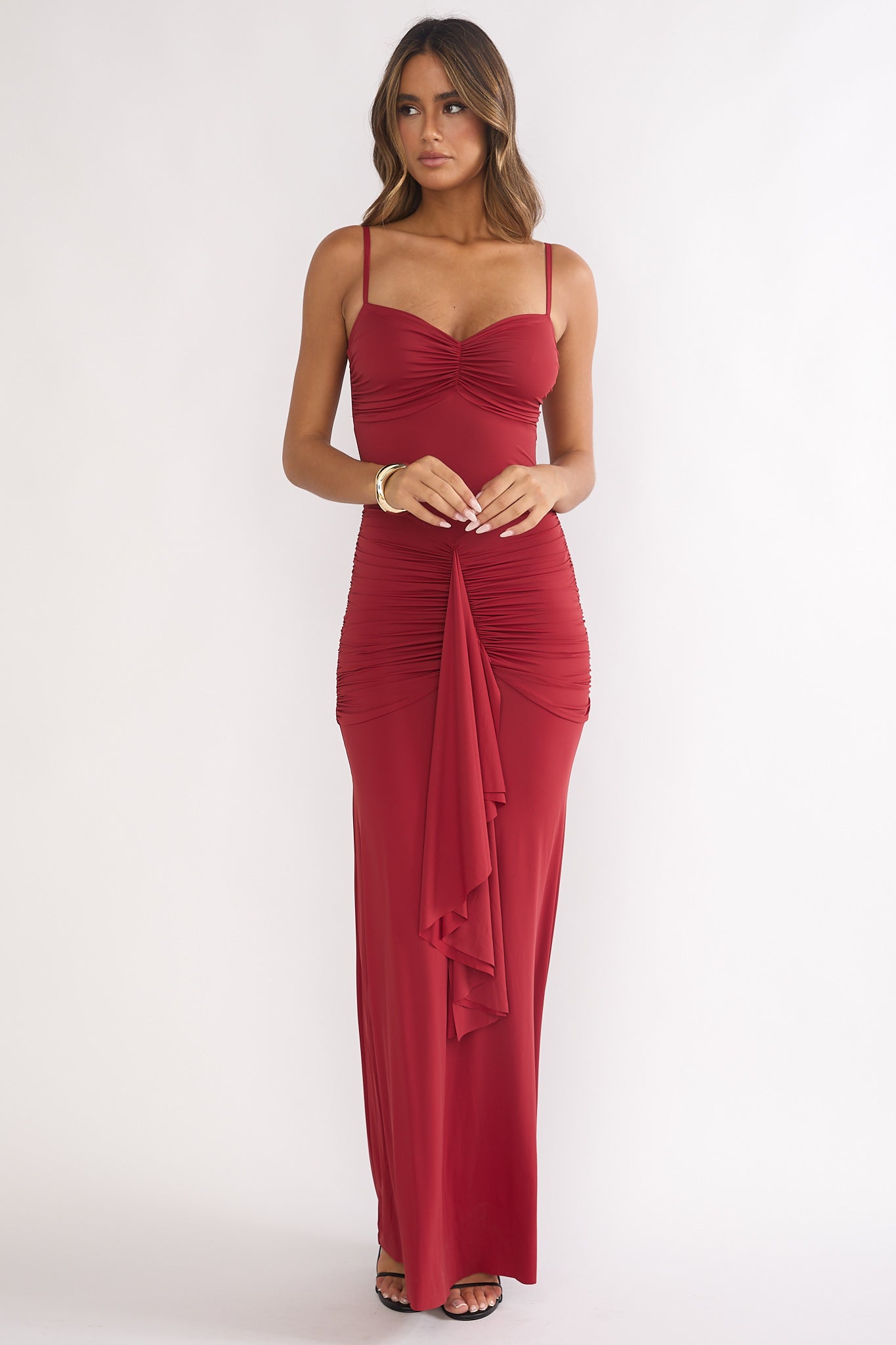 Lunara Ruched Cascade Sash Dress Wine by Selfie Leslie Australia