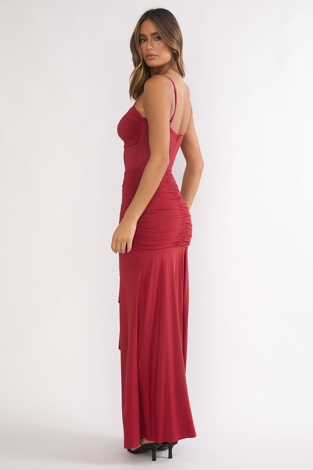 Lunara Ruched Cascade Sash Dress Wine by Selfie Leslie Australia