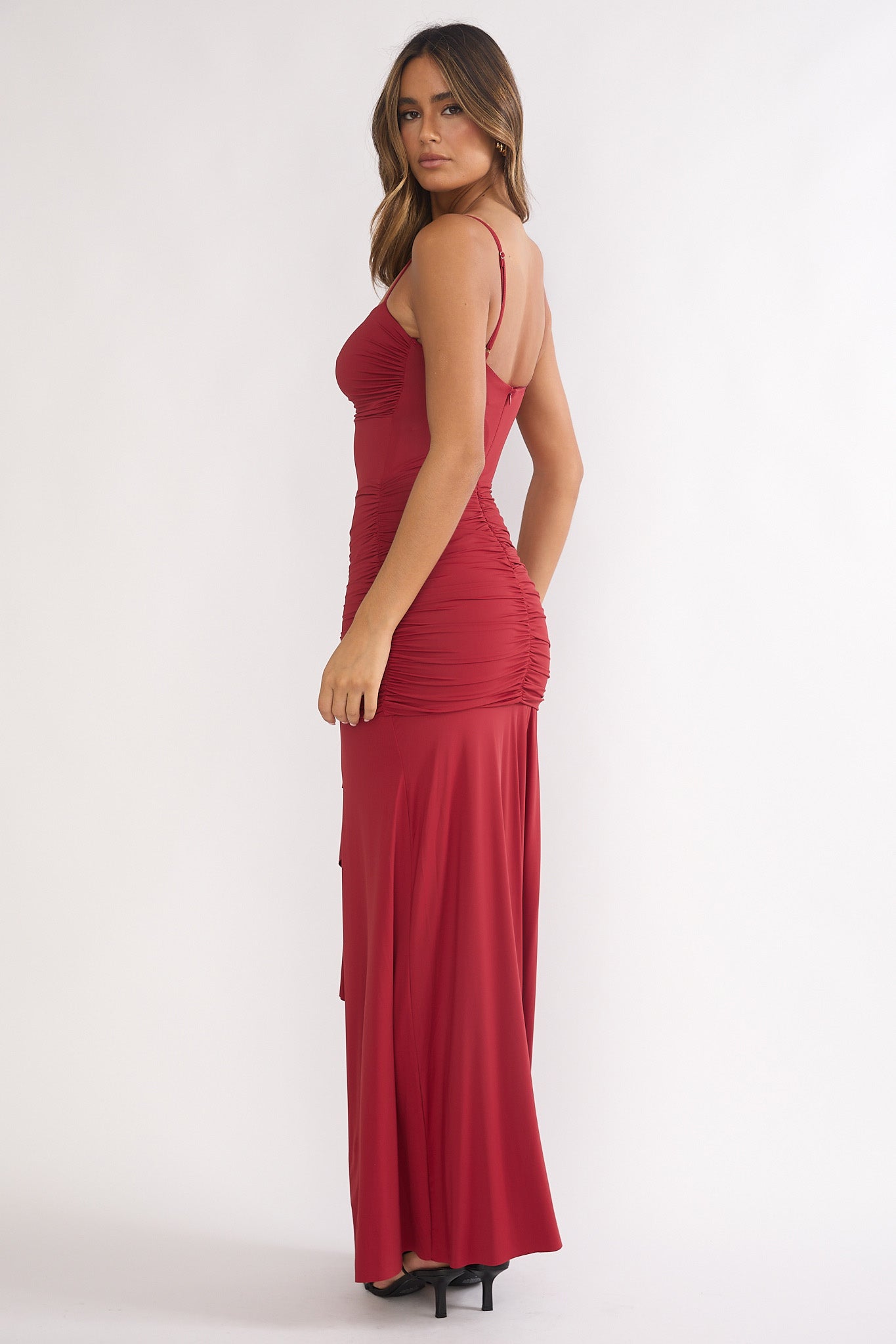 Lunara Ruched Cascade Sash Dress Wine by Selfie Leslie Australia