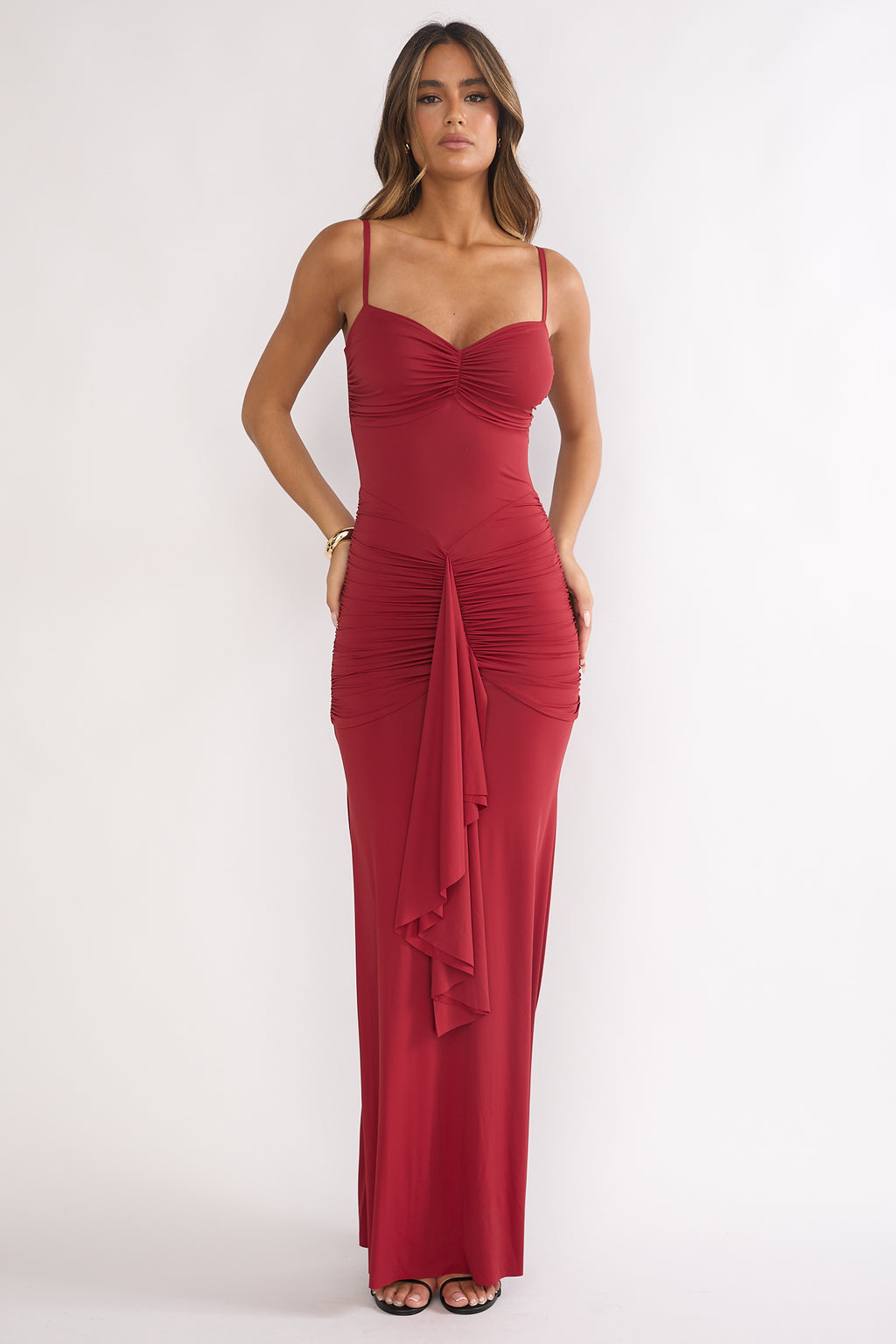 Lunara Ruched Cascade Sash Dress Wine by Selfie Leslie Australia