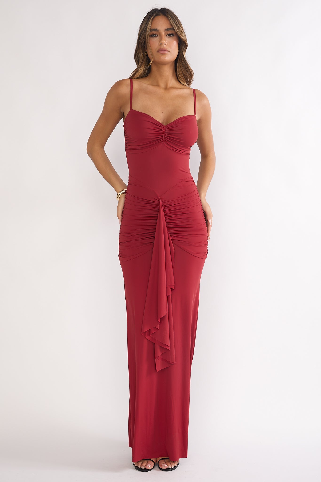 Lunara Ruched Cascade Sash Dress Wine by Selfie Leslie Australia