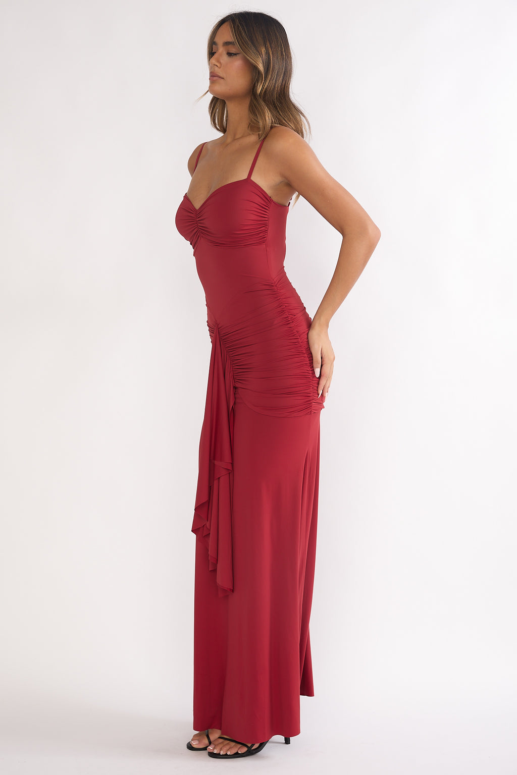 Lunara Ruched Cascade Sash Dress Wine by Selfie Leslie Australia