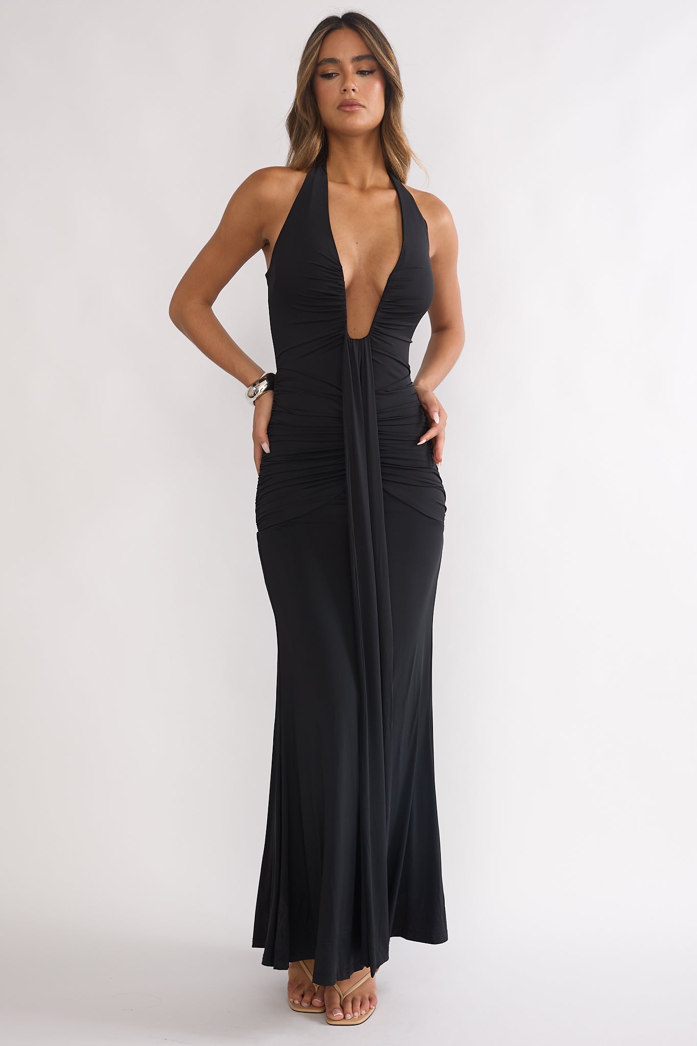 Brienna Halter Ruched Maxi Dress Black | Selfie Leslie Australia