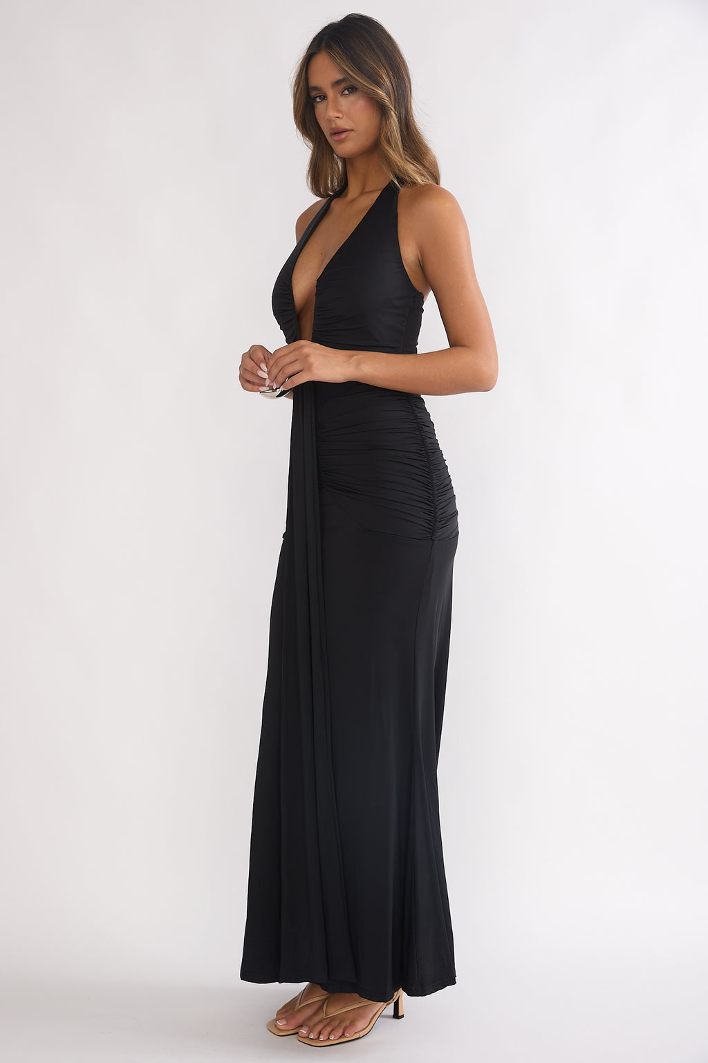 Brienna Halter Ruched Maxi Dress Black by Selfie Leslie Australia
