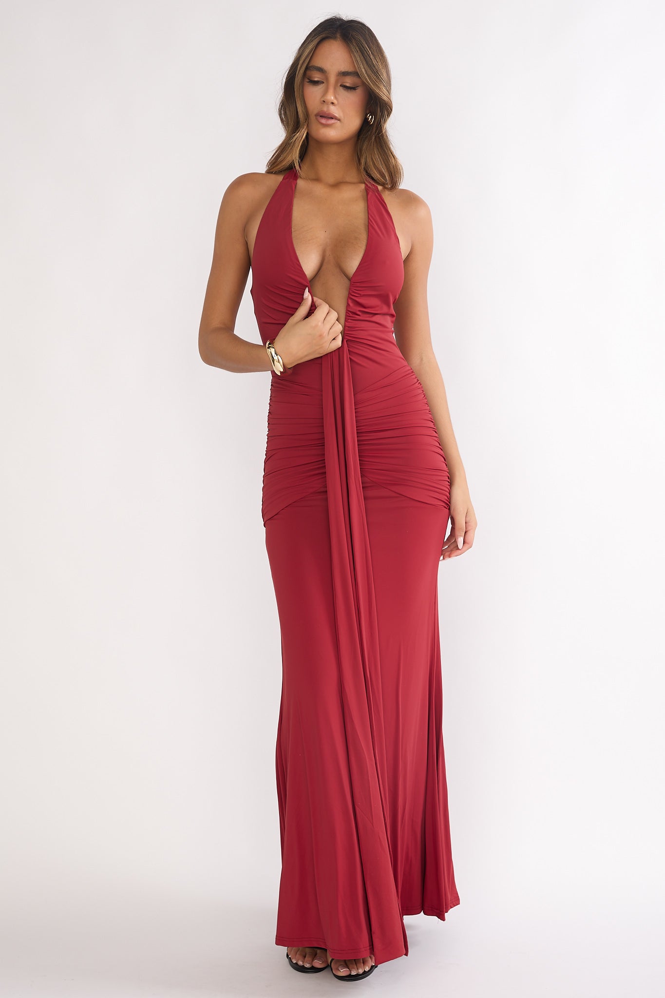 Brienna Halter Ruched Maxi Dress Wine by Selfie Leslie Australia