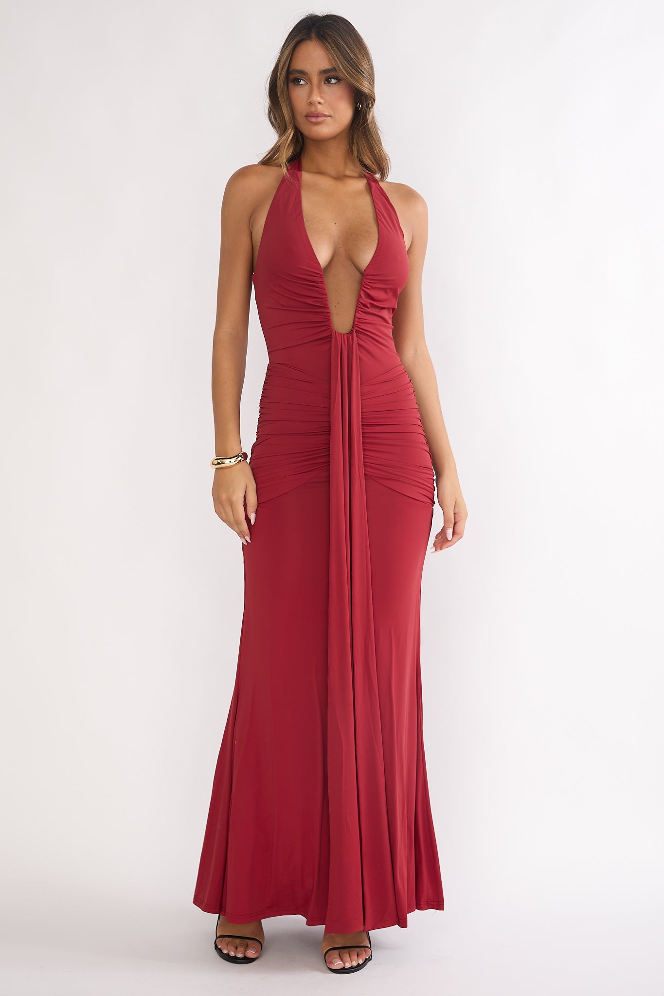 Brienna Halter Ruched Maxi Dress Wine by Selfie Leslie Australia