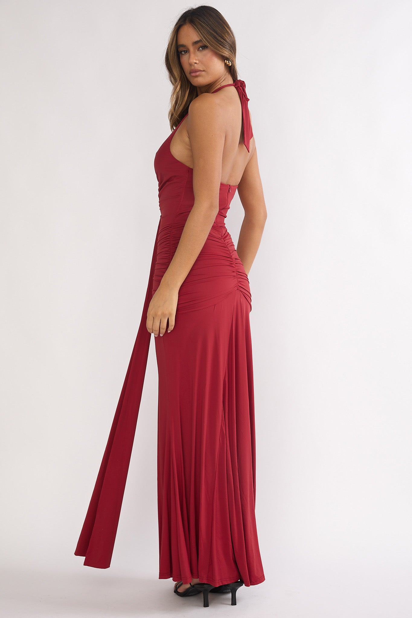 Brienna Halter Ruched Maxi Dress Wine by Selfie Leslie Australia