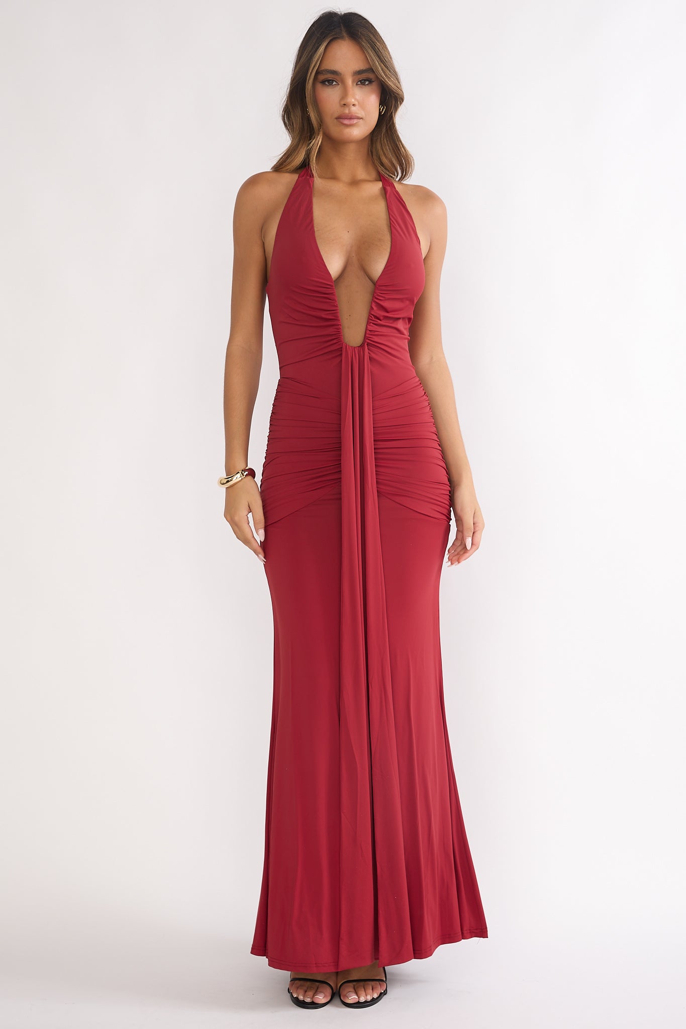 Brienna Halter Ruched Maxi Dress Wine by Selfie Leslie Australia