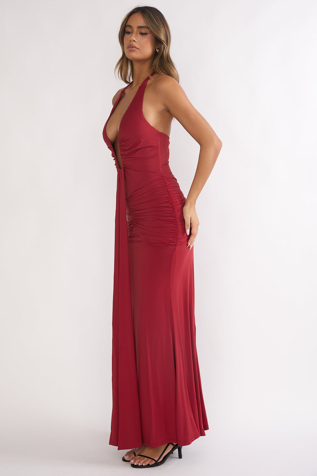 Brienna Halter Ruched Maxi Dress Wine by Selfie Leslie Australia