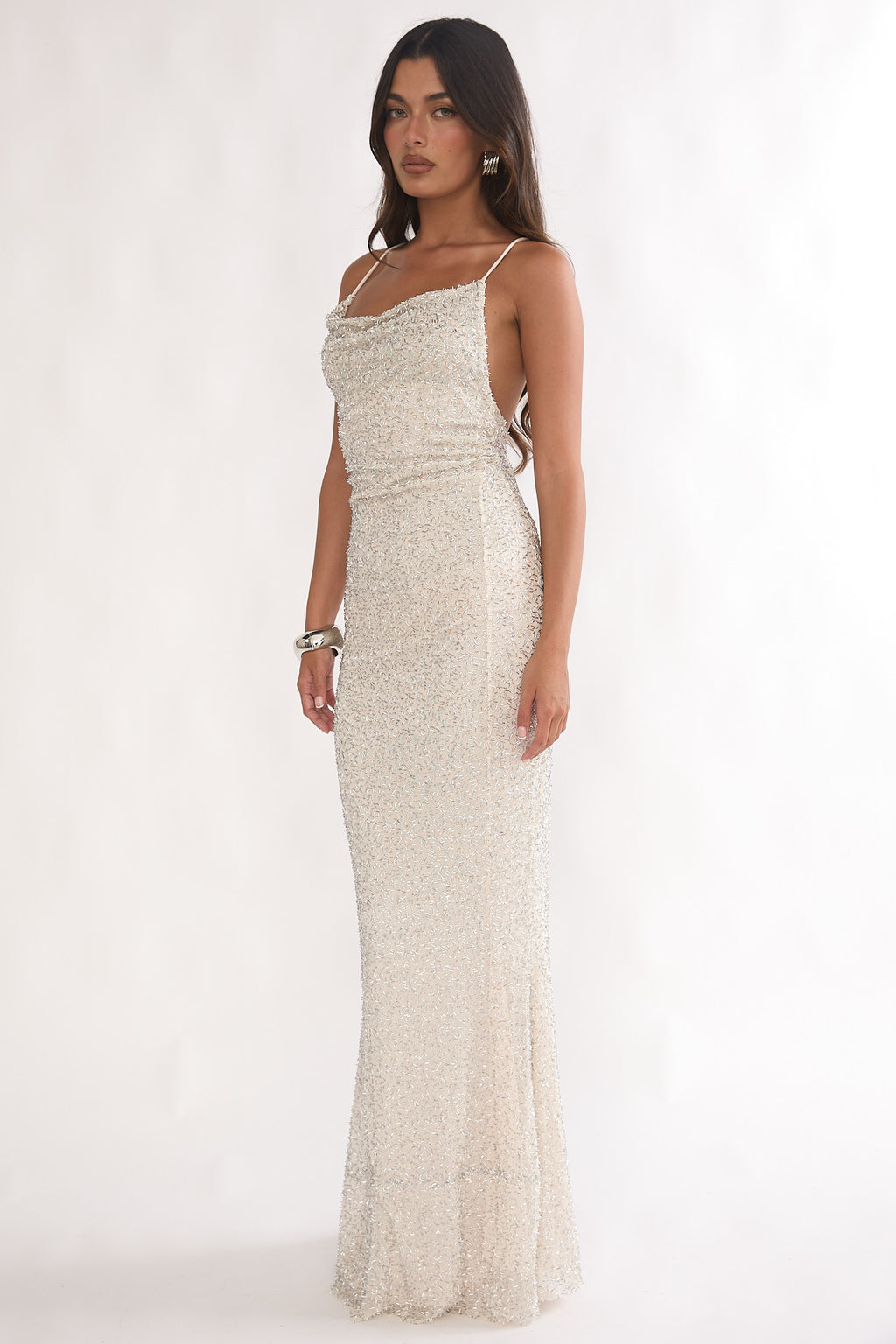 Emillia Strappy Open Back Maxi Dress Sequin Ivory by Selfie Leslie Australia