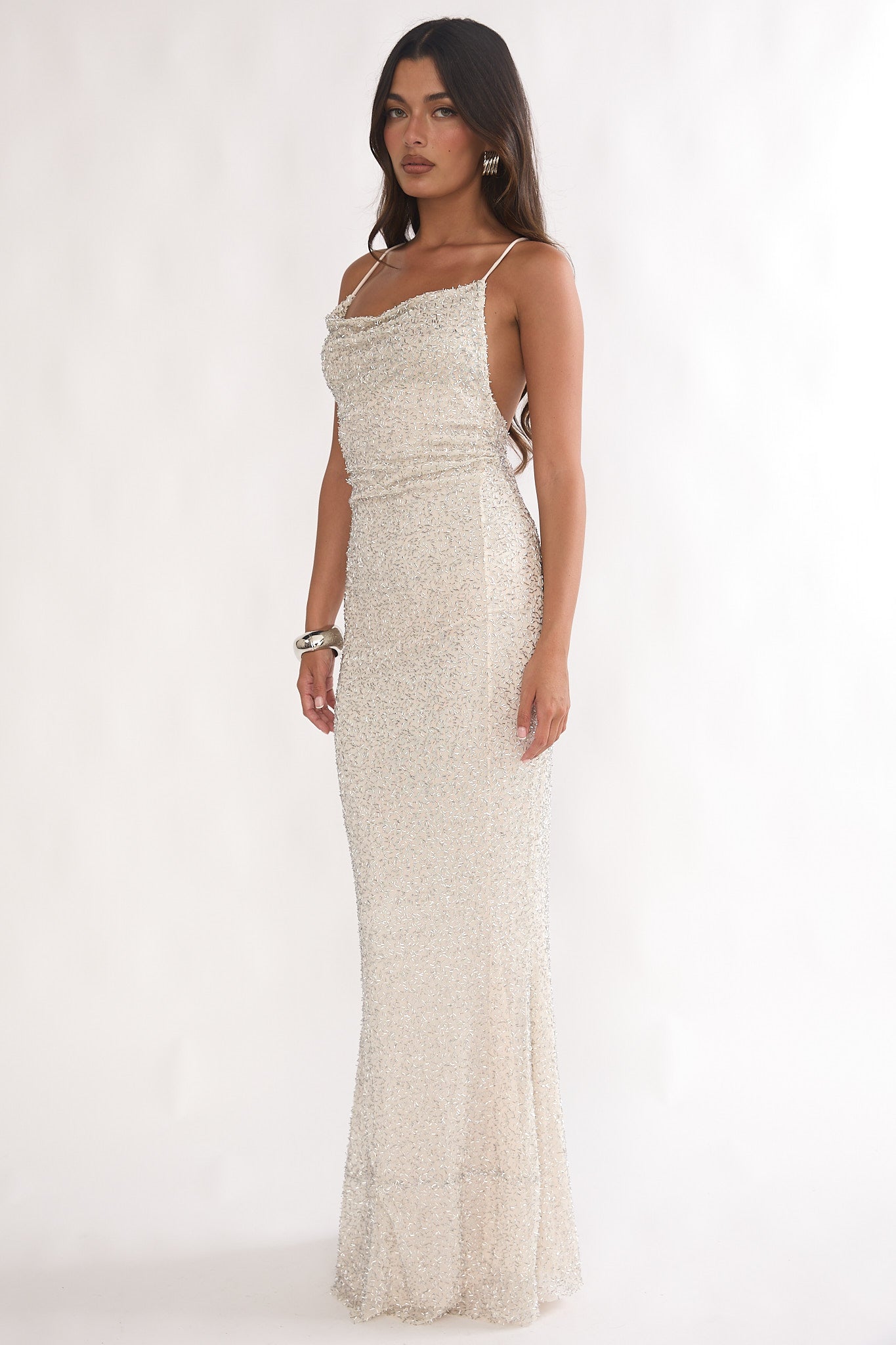 Emillia Strappy Open Back Maxi Dress Sequin Ivory by Selfie Leslie Australia