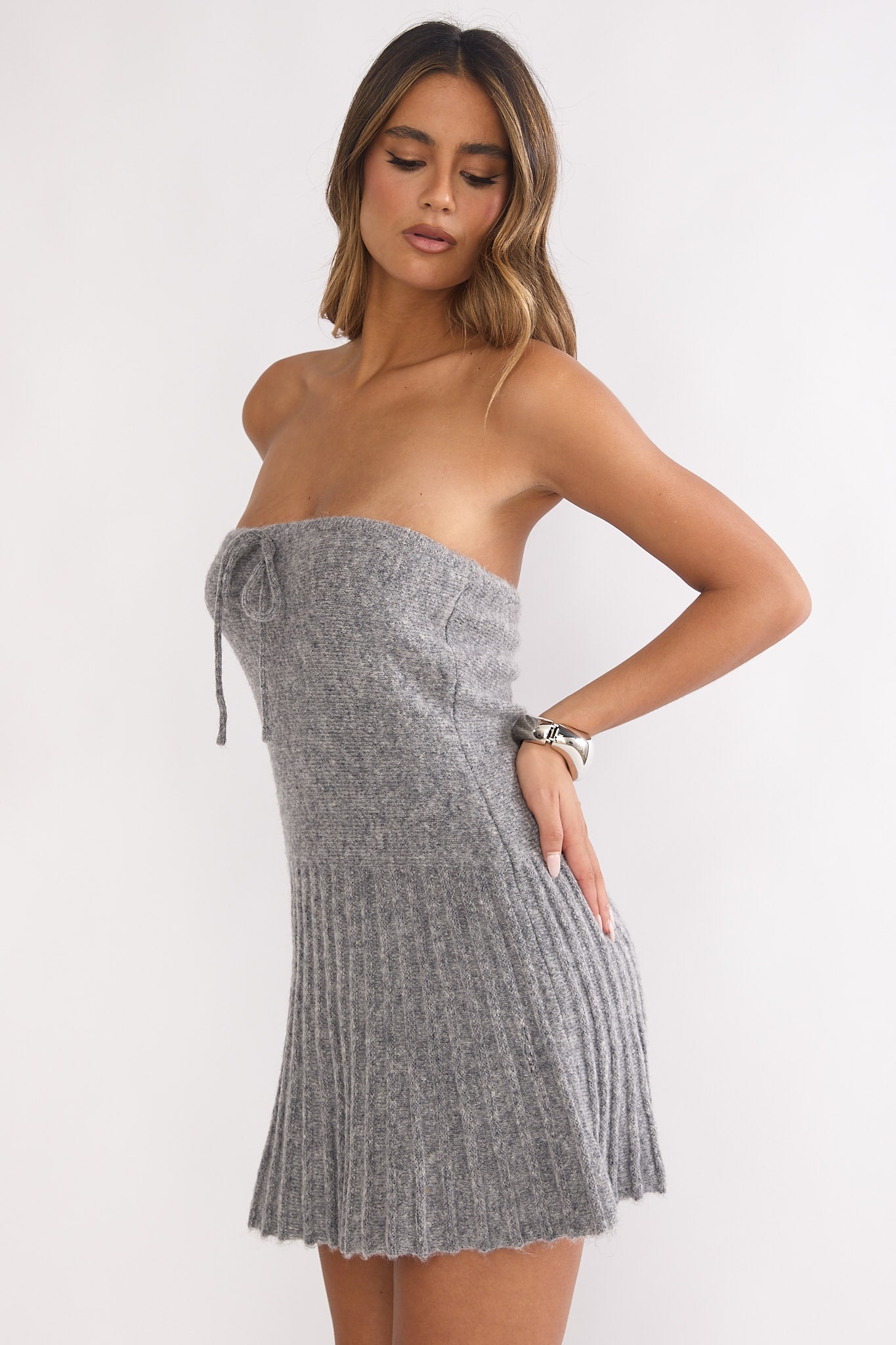 Hollis Strapless Pleat Hem Knit Mini Dress Grey by Selfie Leslie Australia