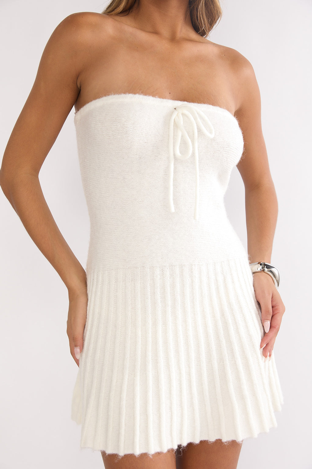 Hollis Strapless Pleat Hem Knit Mini Dress Ivory by Selfie Leslie Australia