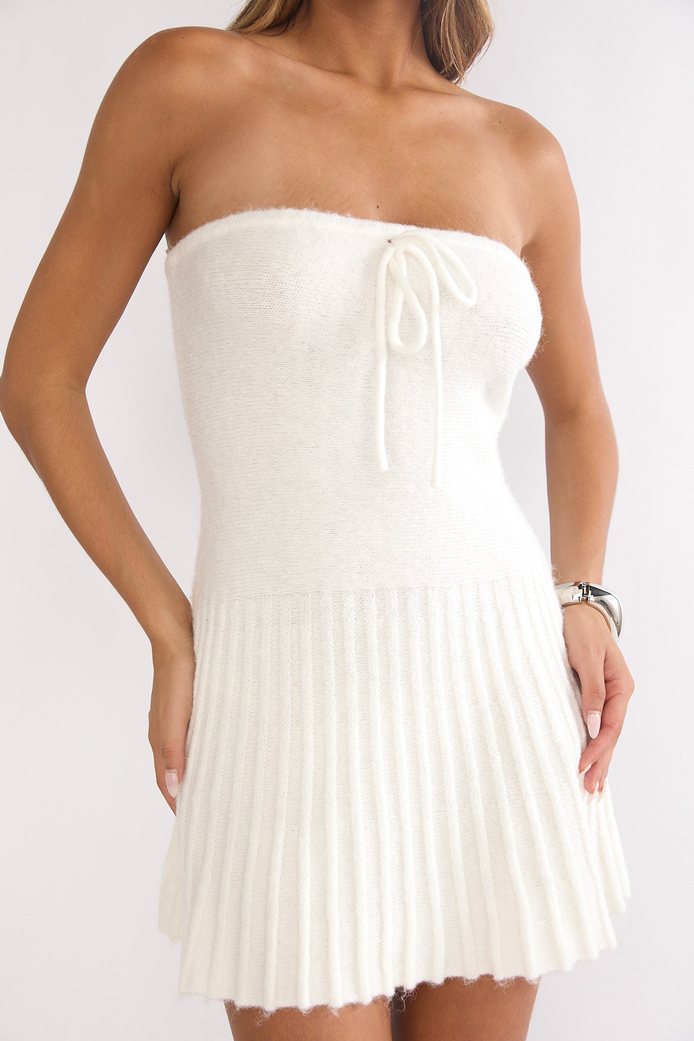 Hollis Strapless Pleat Hem Knit Mini Dress Ivory by Selfie Leslie Australia