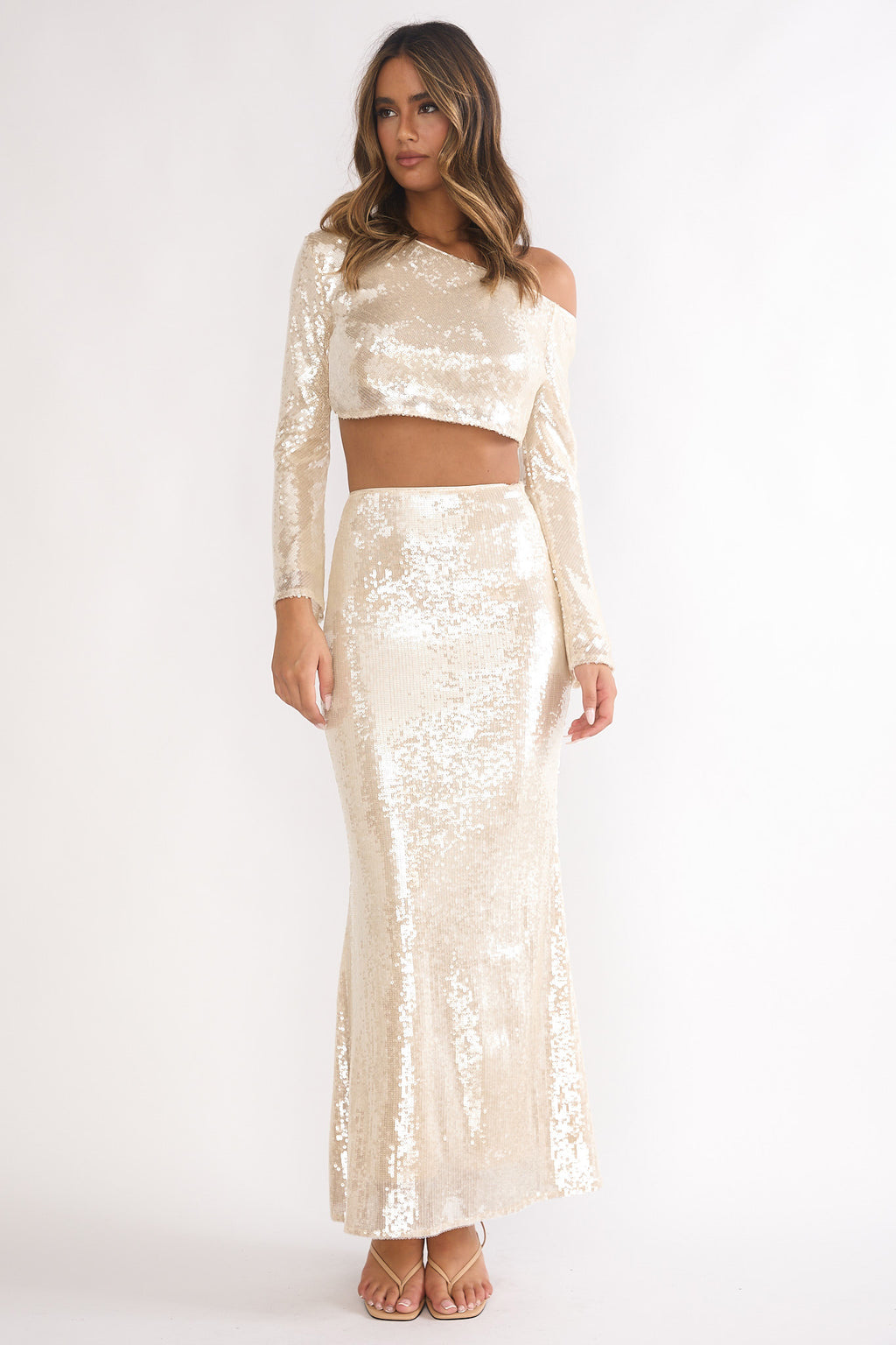 Crystalline Asymmetric Neckline Crop Top Sequin Champagne by Selfie Leslie Australia