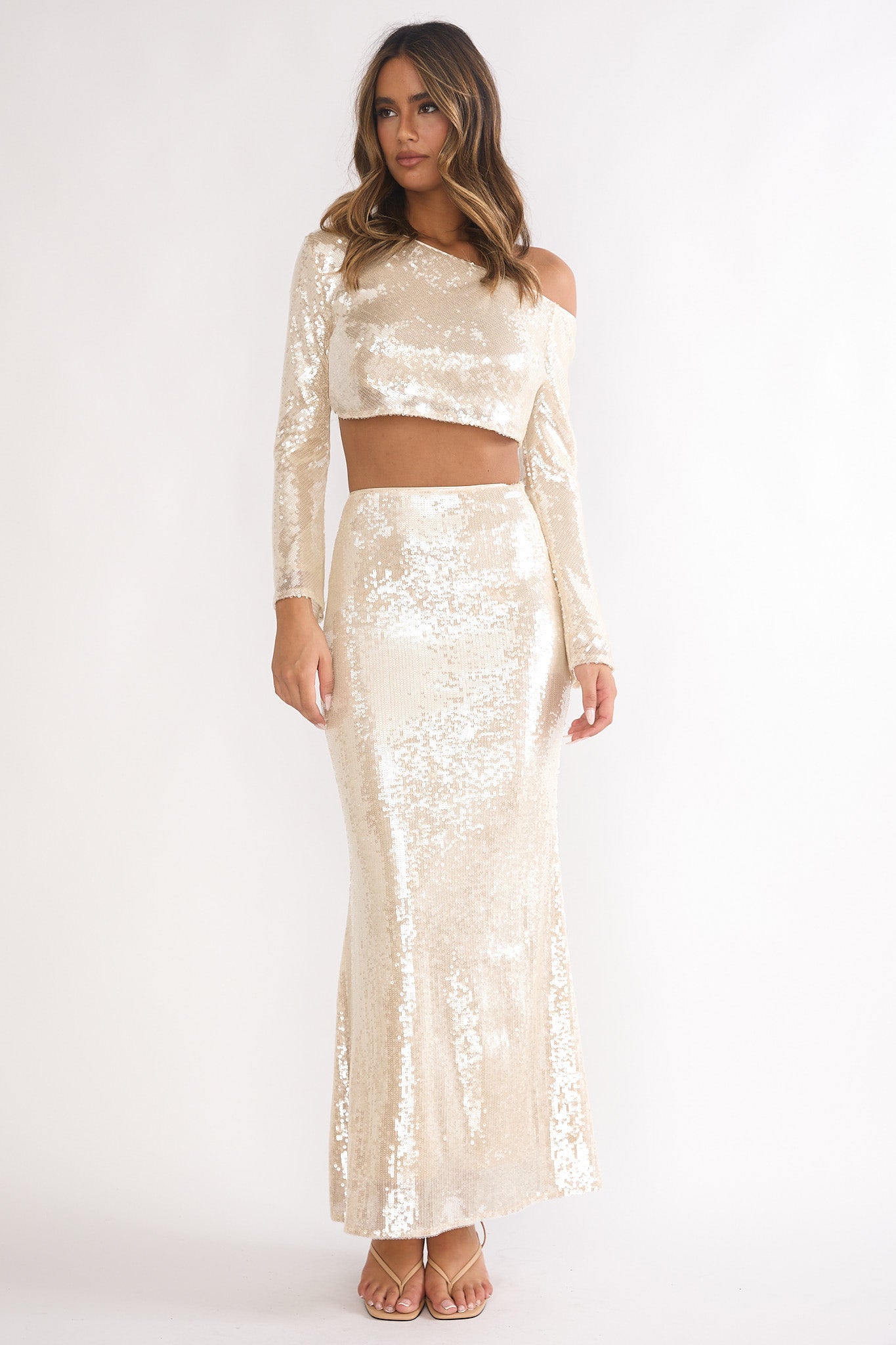 Crystalline Asymmetric Neckline Crop Top Sequin Champagne by Selfie Leslie Australia