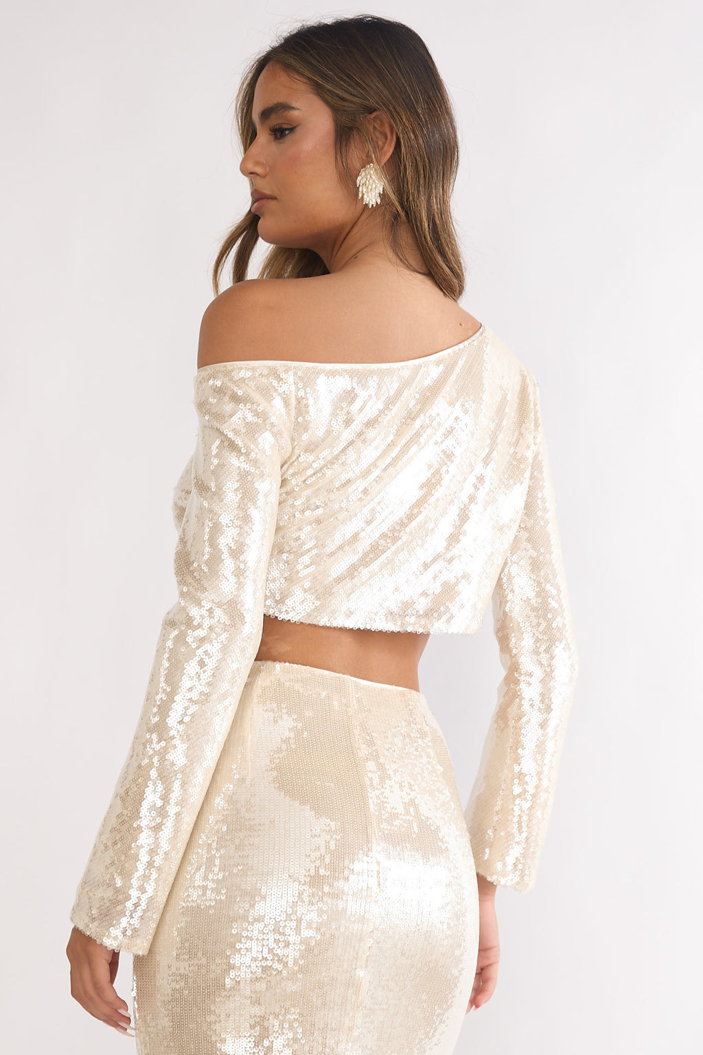 Crystalline Asymmetric Neckline Crop Top Sequin Champagne by Selfie Leslie Australia