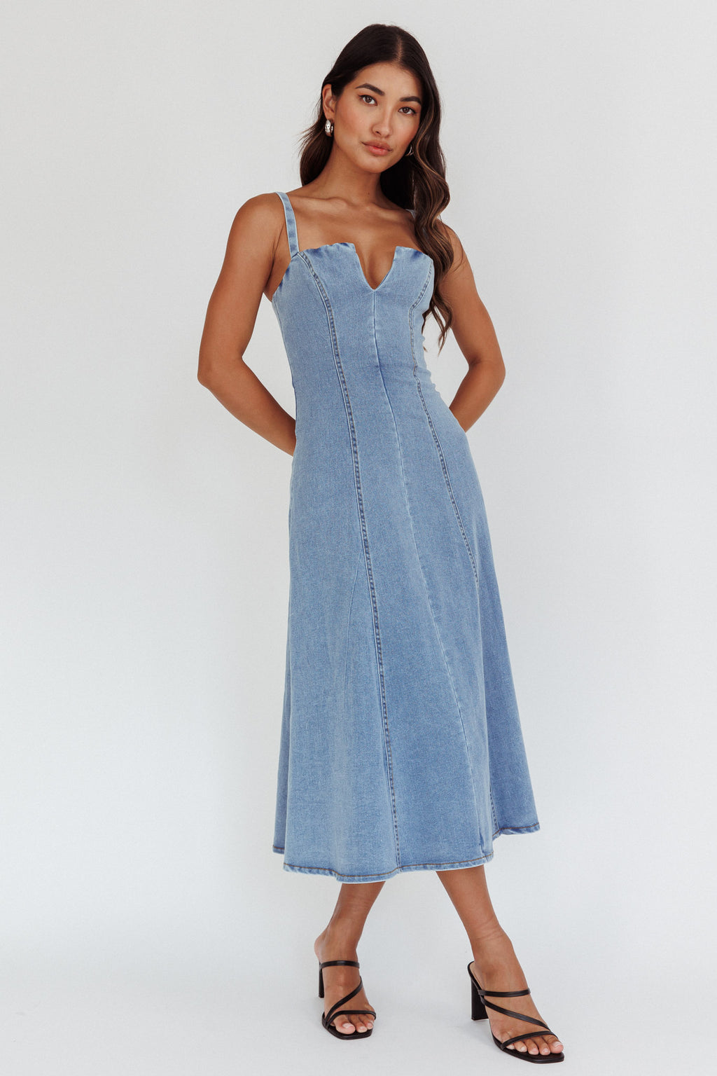 Catch My Drift A-Line Midi Dress Denim Blue by Selfie Leslie Australia