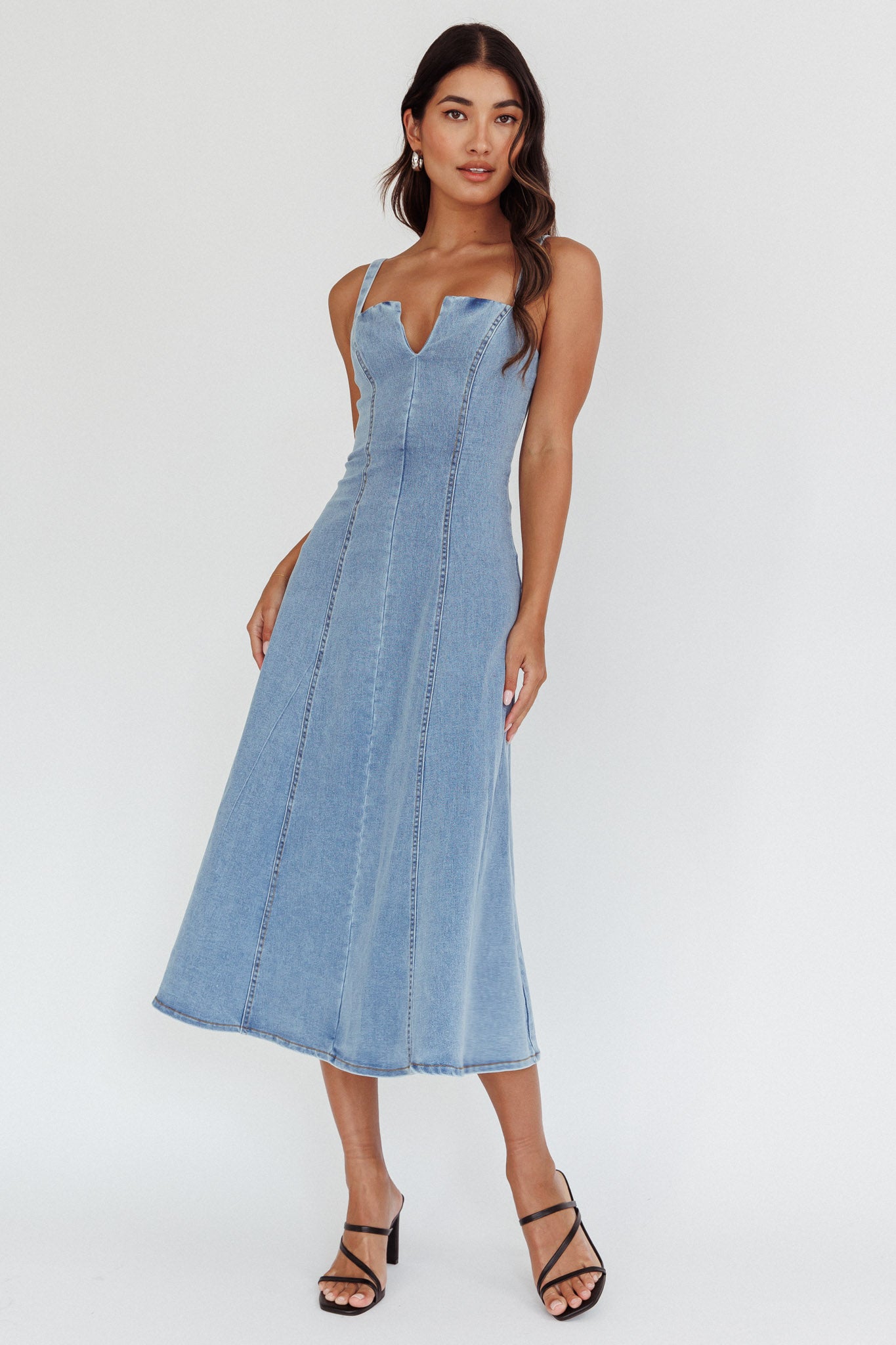 Catch My Drift A-Line Midi Dress Denim Blue by Selfie Leslie Australia
