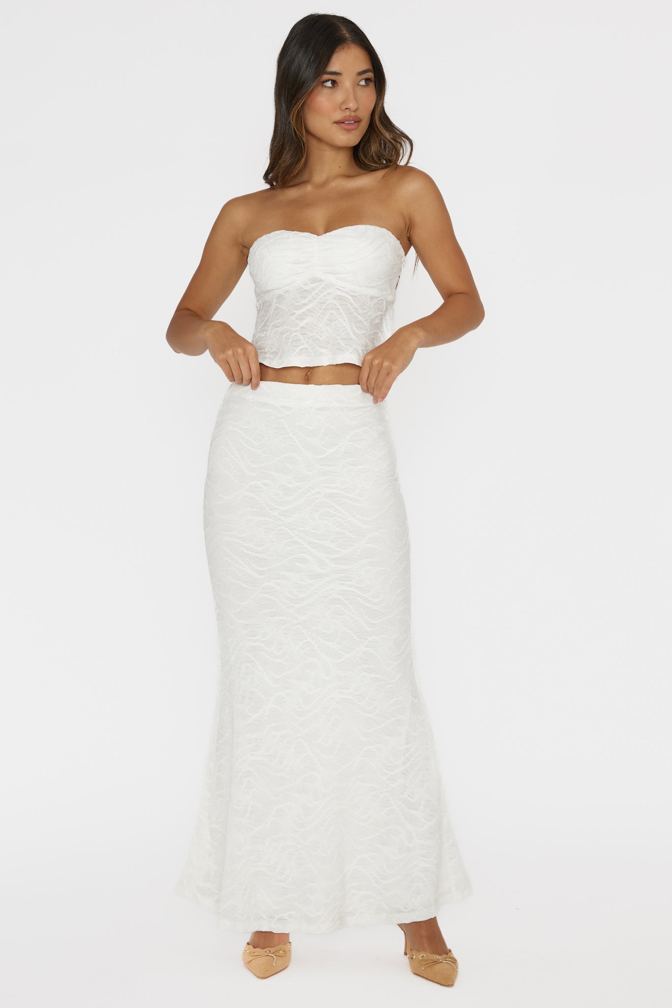 Chat Me Up Embellished Maxi Skirt White by Selfie Leslie Australia