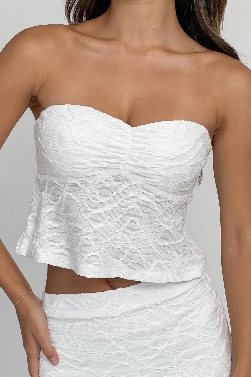 Chat Me Up Embellished Strapless Top White by Selfie Leslie Australia