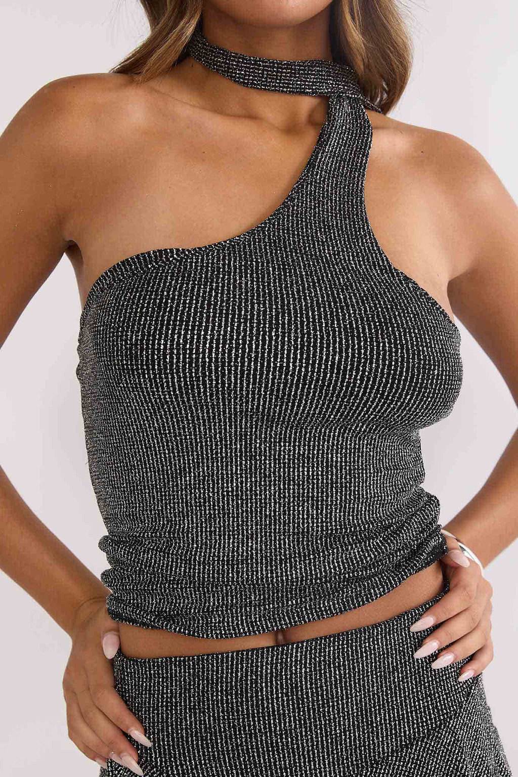 Vespera One-Shoulder Top Silver Black by Selfie Leslie Australia