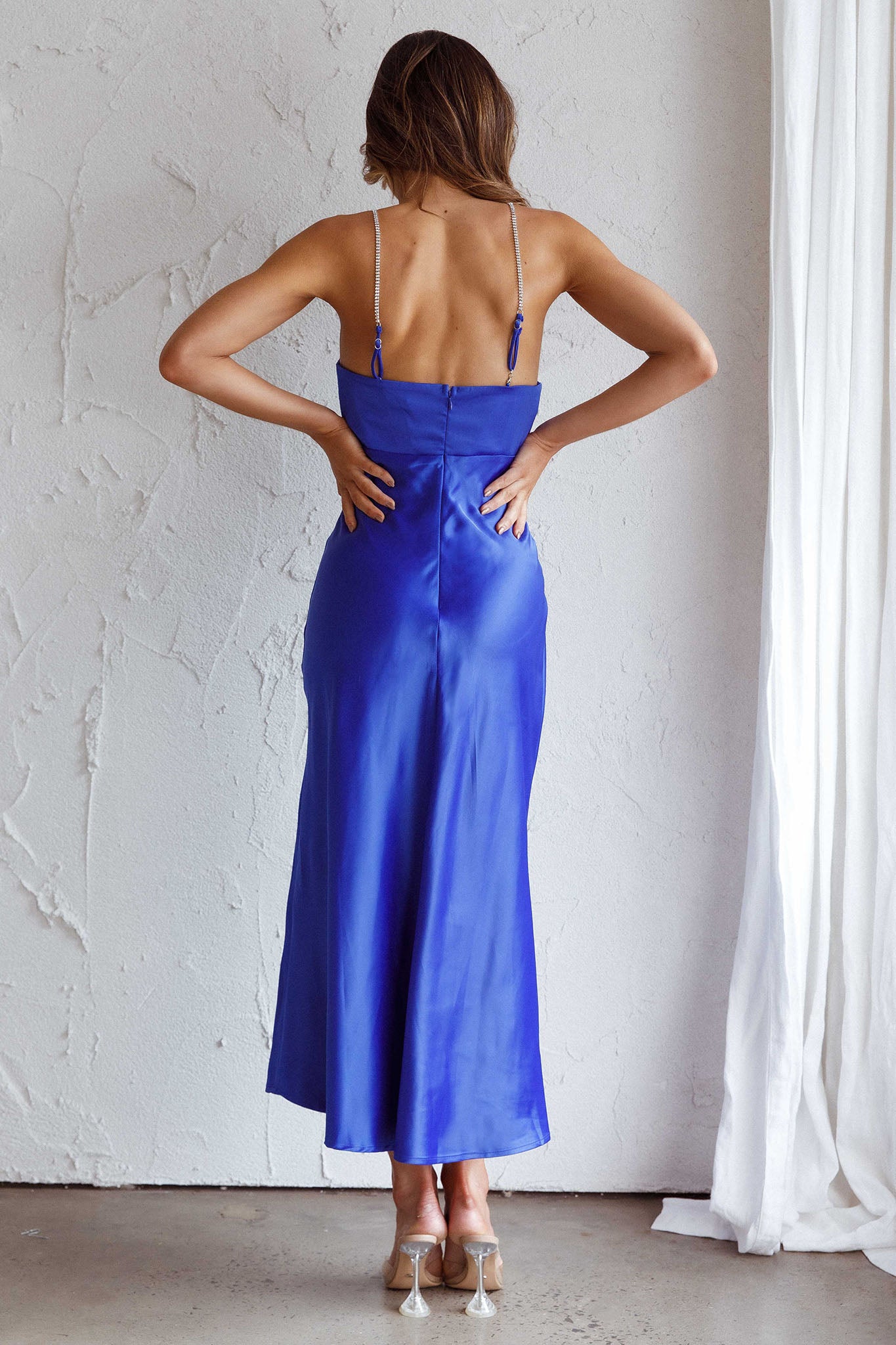 Venetia Diamante Strap Midi Dress Blue by Selfie Leslie Australia