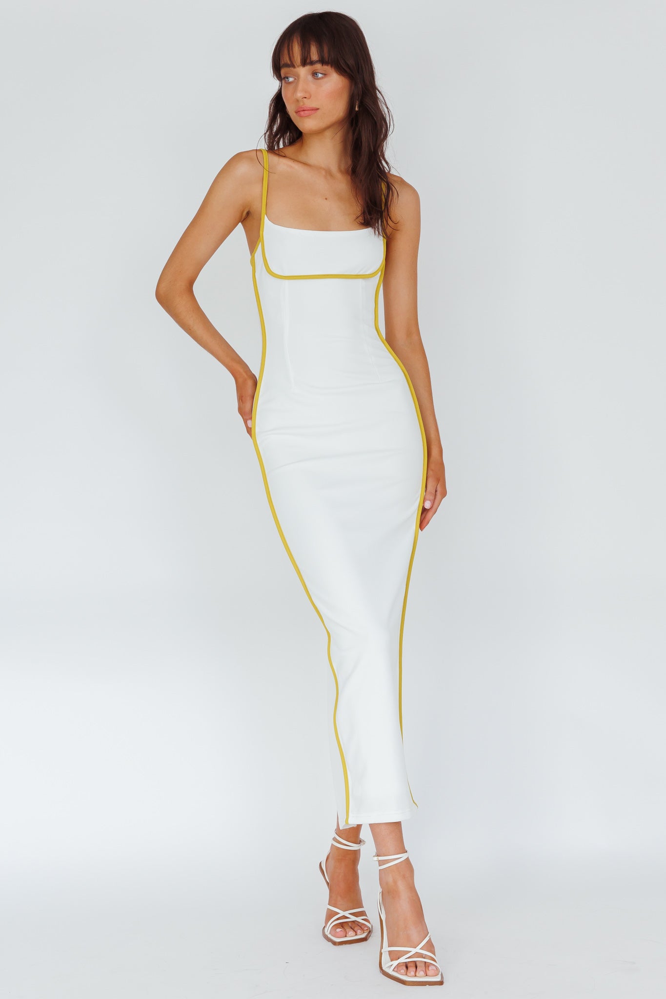Sunny Coast Piping Trim Maxi Dress White/Yellow by Selfie Leslie Australia