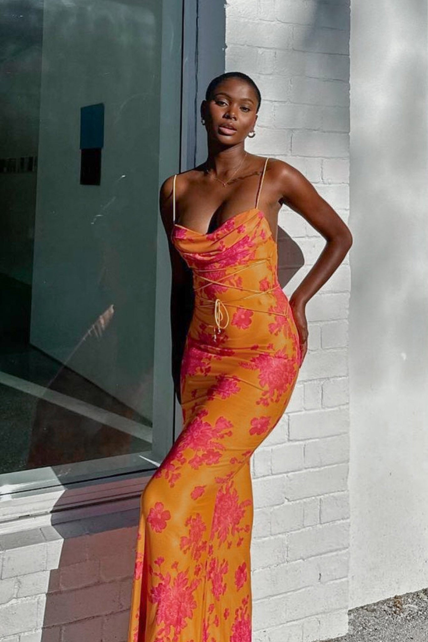 open lace back dress Montebello Puff Sleeve Maxi Dress Floral Pink/Orange main image 0