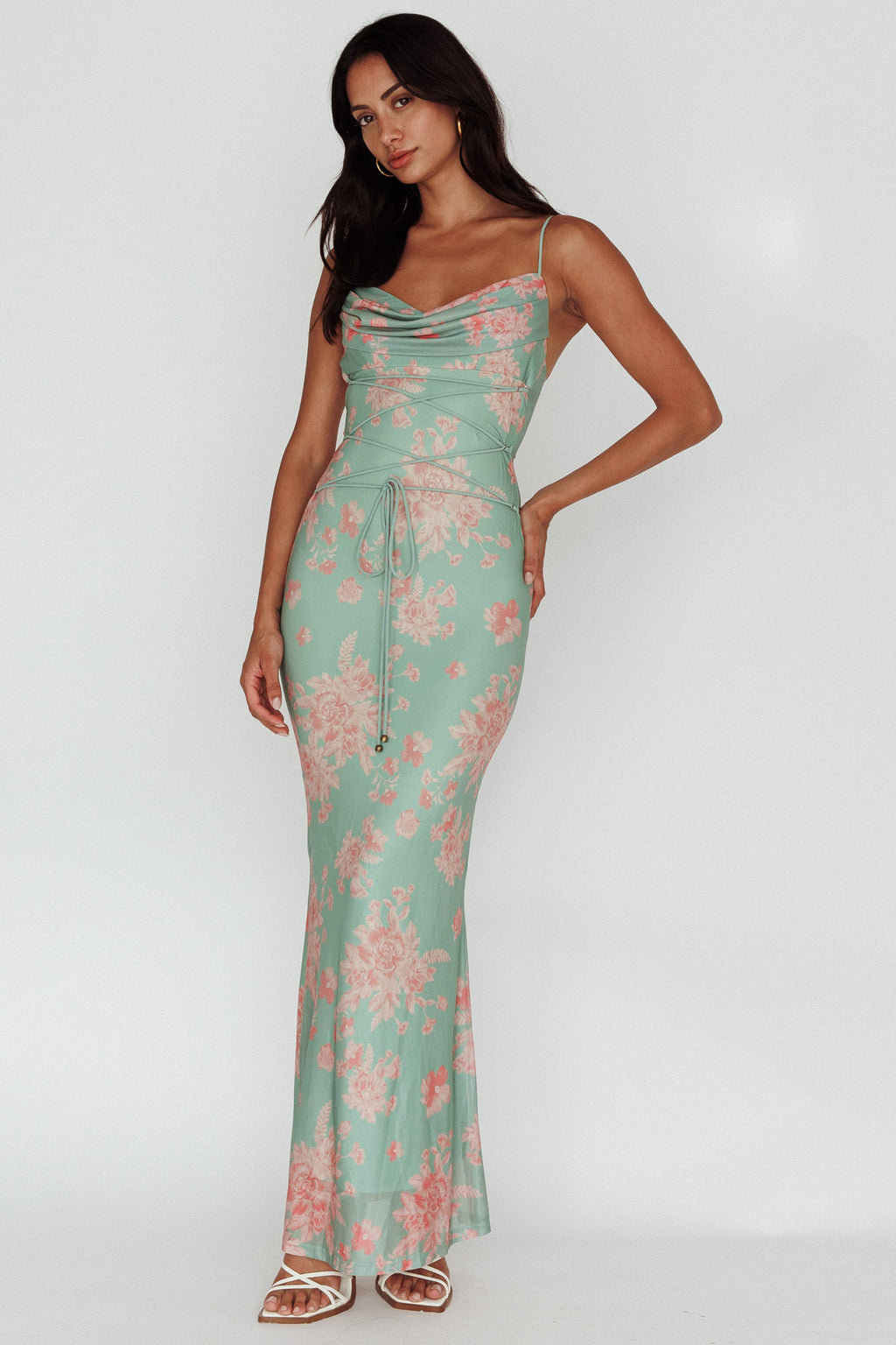 Teava Laced Waist Maxi Dress Floral Green by Selfie Leslie Australia