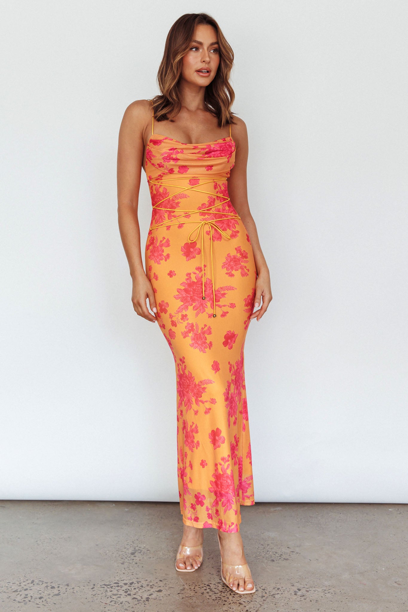 Teava Laced Waist Maxi Dress Floral Orange by Selfie Leslie Australia