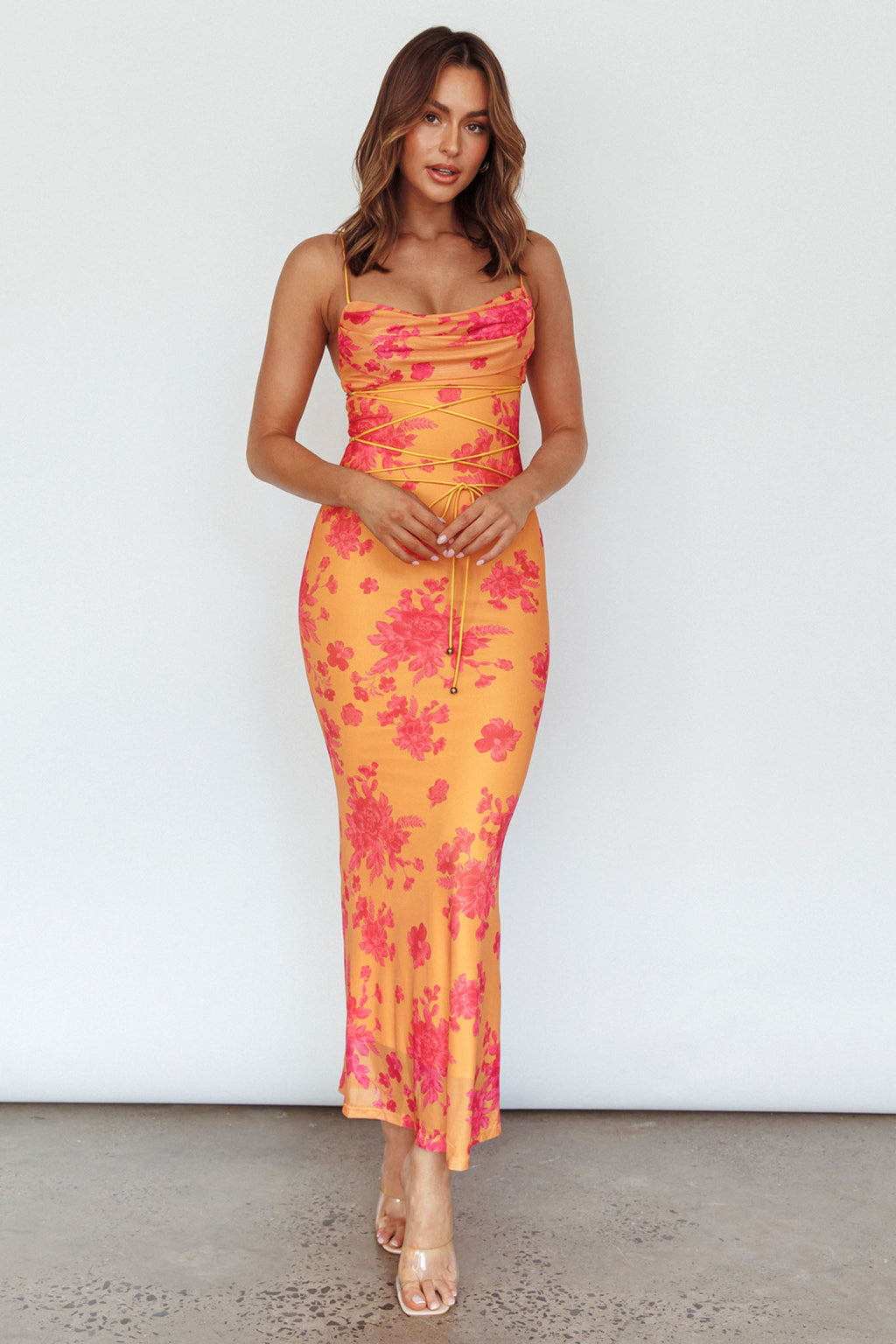 Teava Laced Waist Maxi Dress Floral Orange by Selfie Leslie Australia