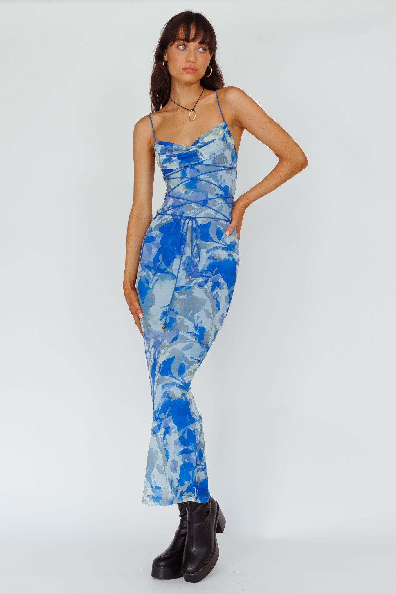 Teava Laced Waist Maxi Dress Print Floral Blue by Selfie Leslie Australia