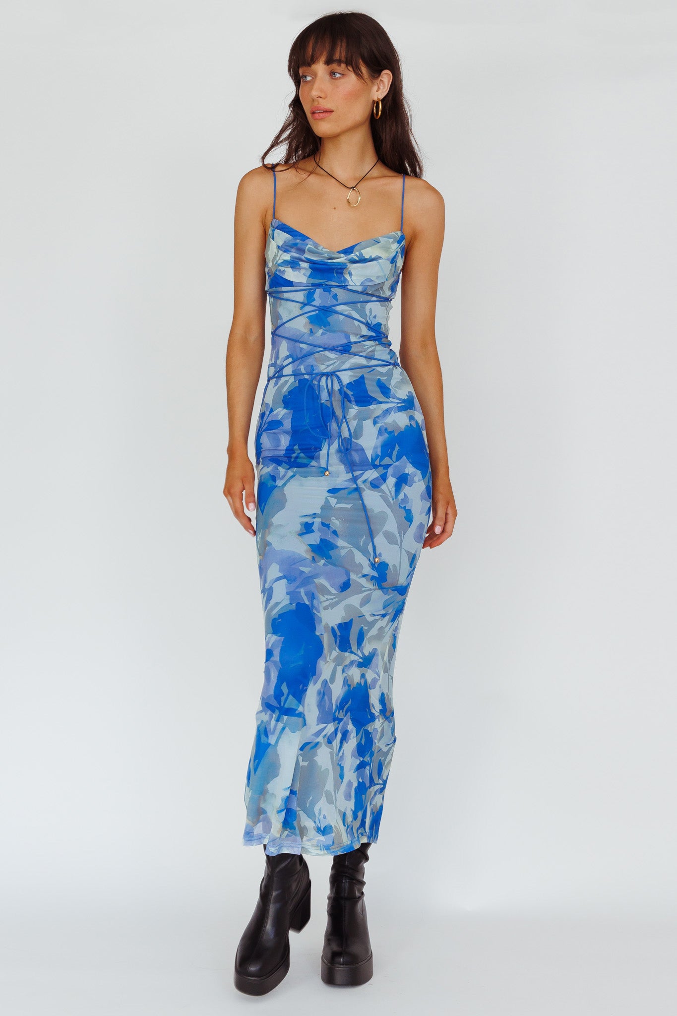 Teava Laced Waist Maxi Dress Print Floral Blue by Selfie Leslie Australia
