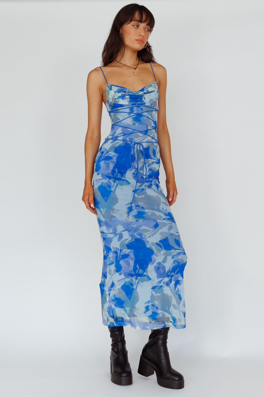 Teava Laced Waist Maxi Dress Print Floral Blue by Selfie Leslie Australia