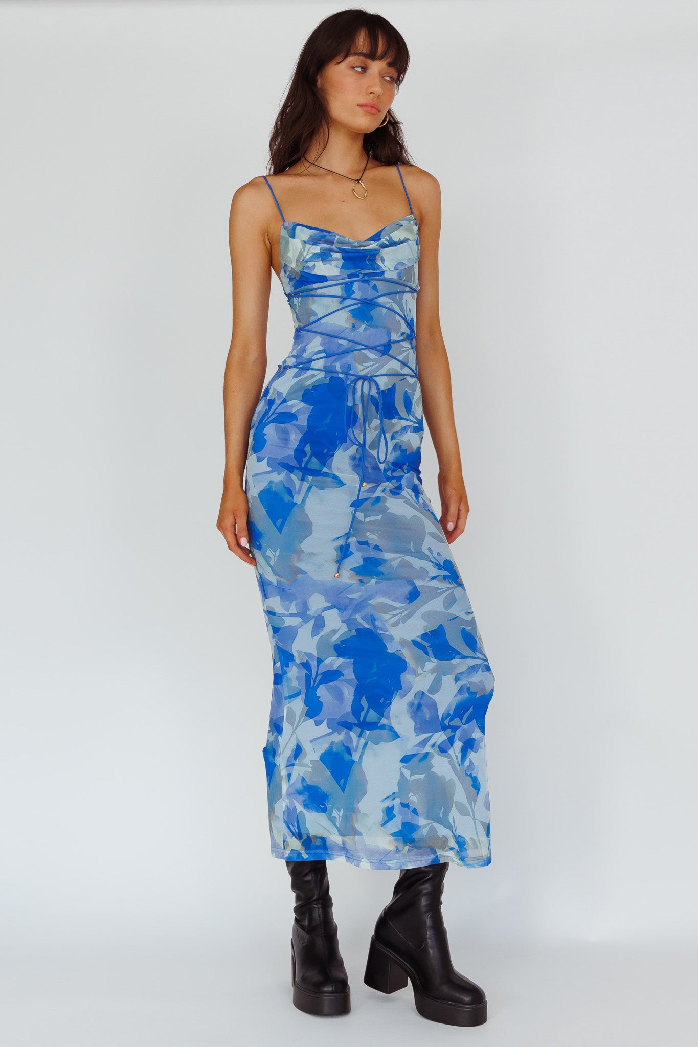 Teava Laced Waist Maxi Dress Print Floral Blue by Selfie Leslie Australia