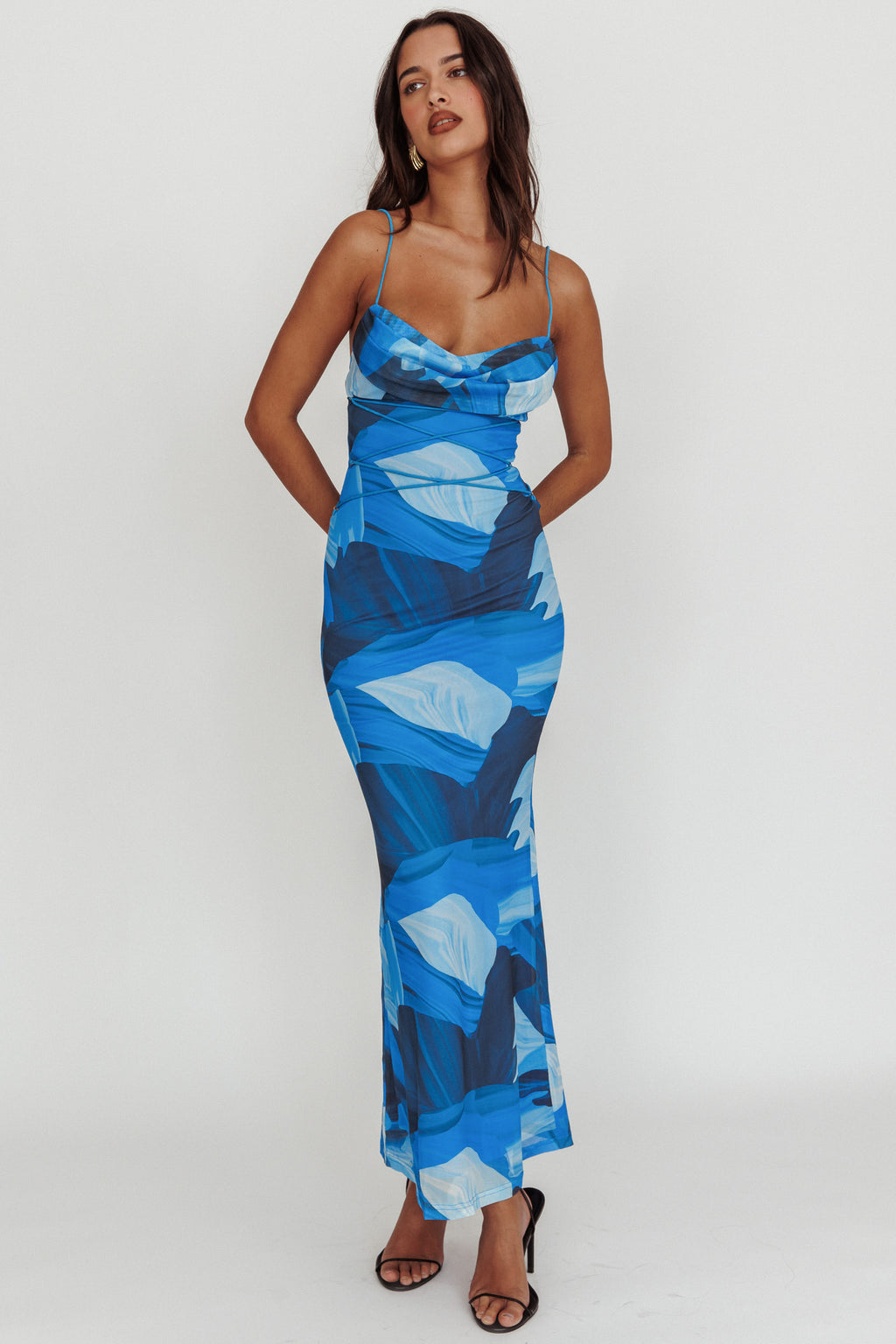Teava Laced Waist Maxi Dress Abstract Blue by Selfie Leslie Australia