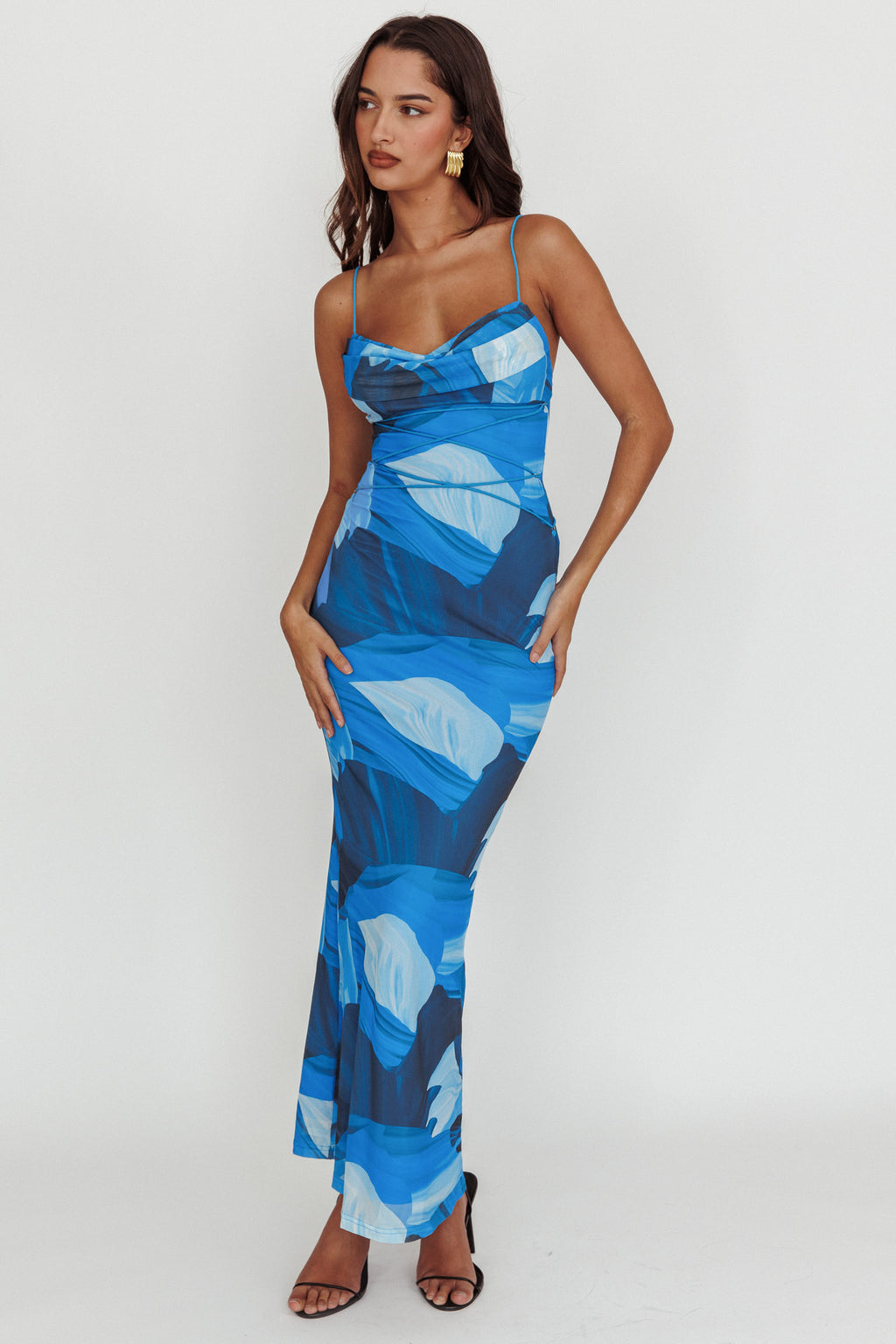 Teava Laced Waist Maxi Dress Abstract Blue by Selfie Leslie Australia