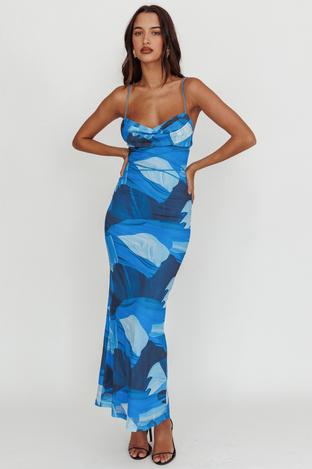 Teava Laced Waist Maxi Dress Abstract Blue by Selfie Leslie Australia