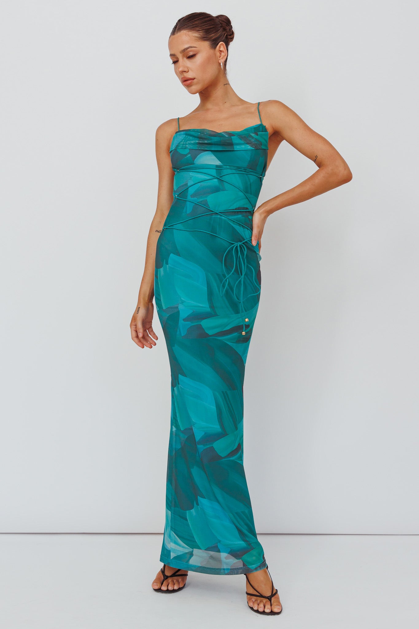 Teava Laced Waist Maxi Dress Abstract Green by Selfie Leslie Australia