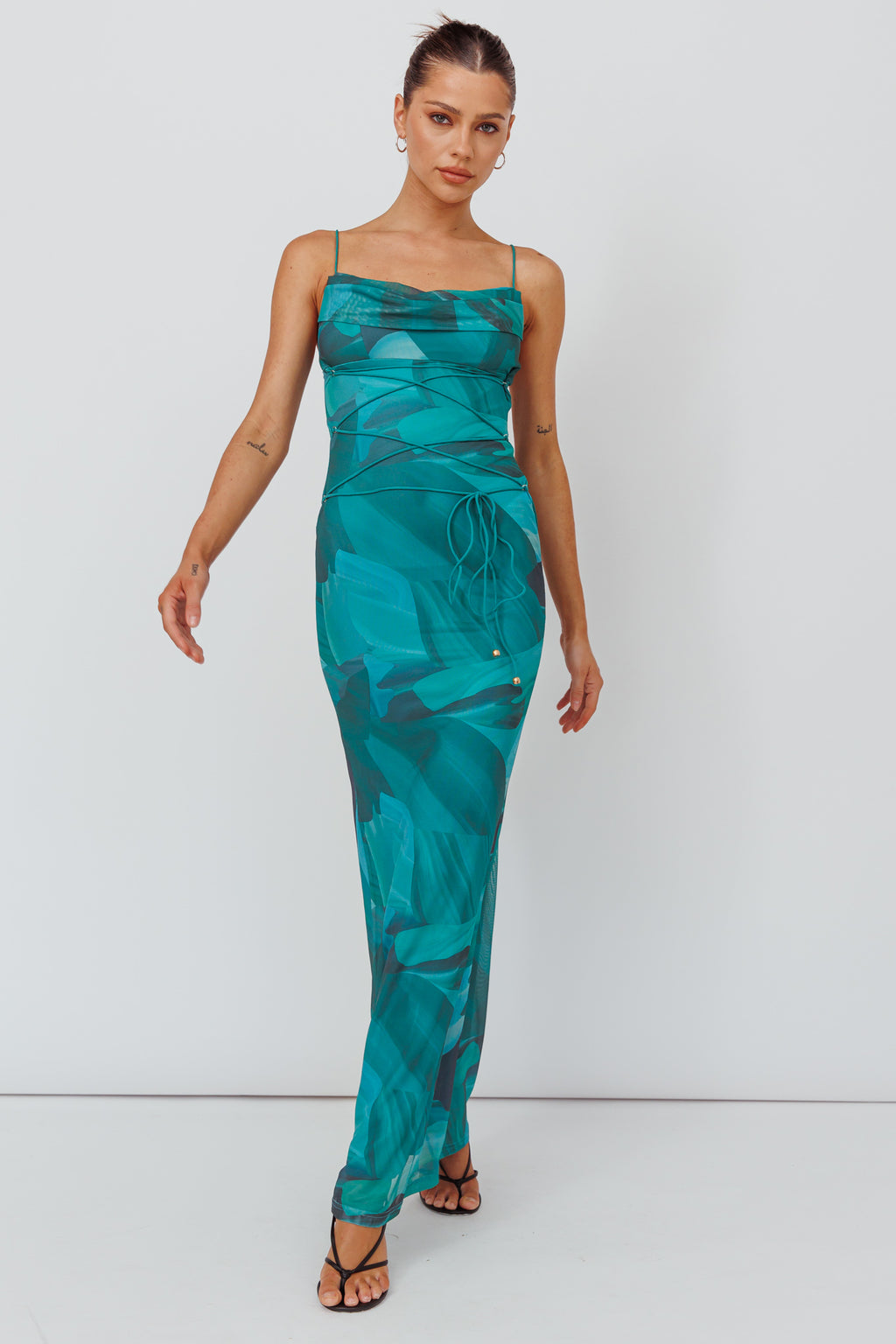 Teava Laced Waist Maxi Dress Abstract Green by Selfie Leslie Australia