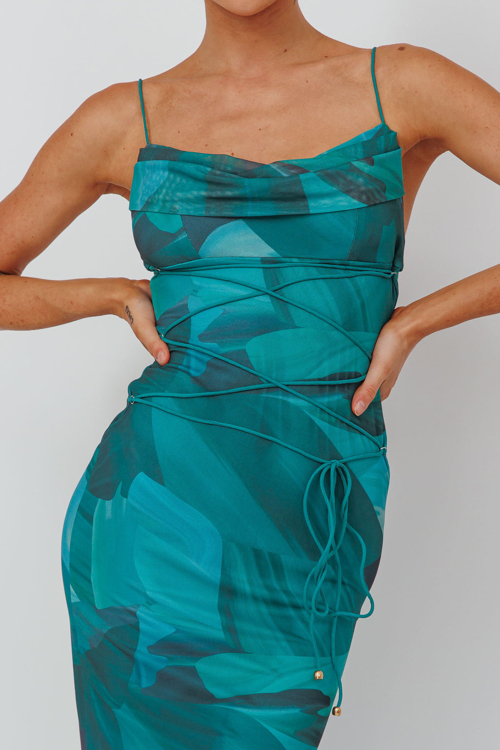 Teava Laced Waist Maxi Dress Abstract Green by Selfie Leslie Australia