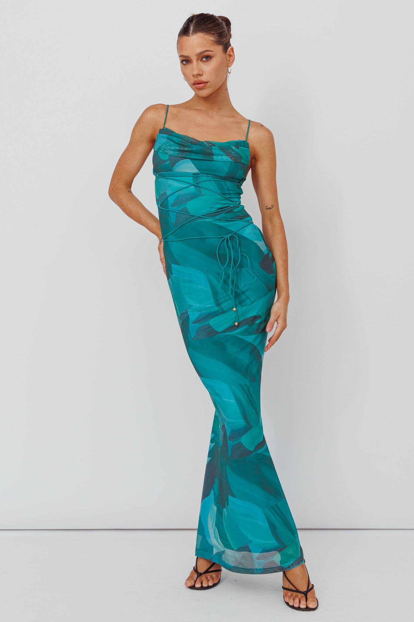 Teava Laced Waist Maxi Dress Abstract Green by Selfie Leslie Australia