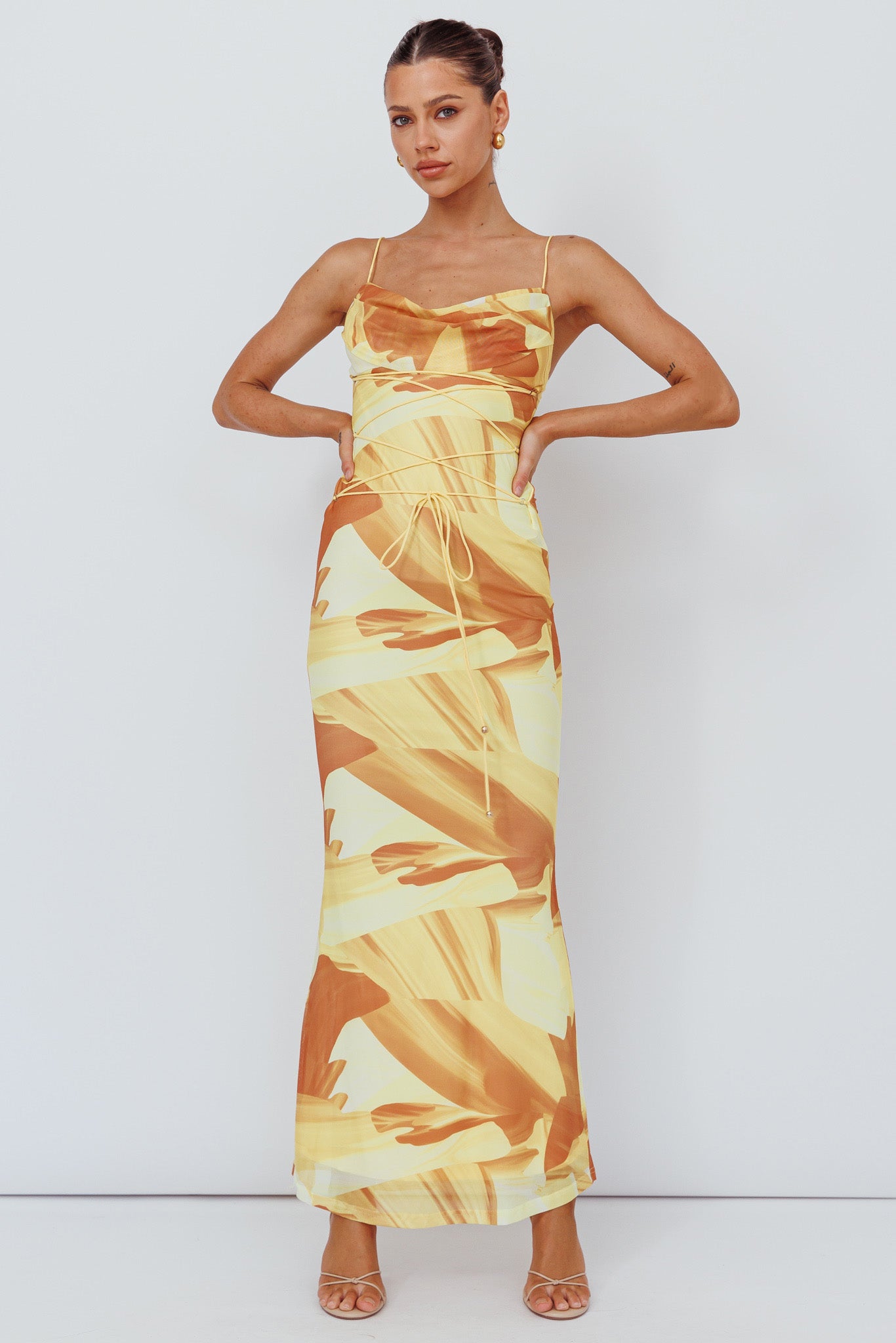 Teava Laced Waist Maxi Dress Abstract Yellow by Selfie Leslie Australia