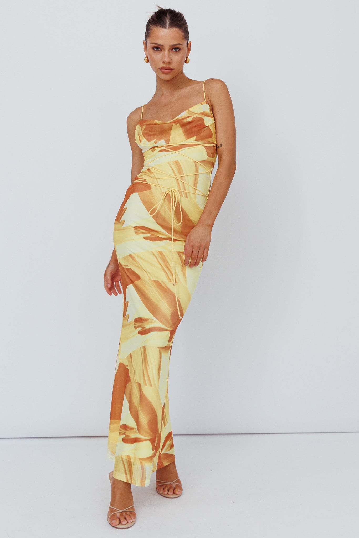 Teava Laced Waist Maxi Dress Abstract Yellow by Selfie Leslie Australia