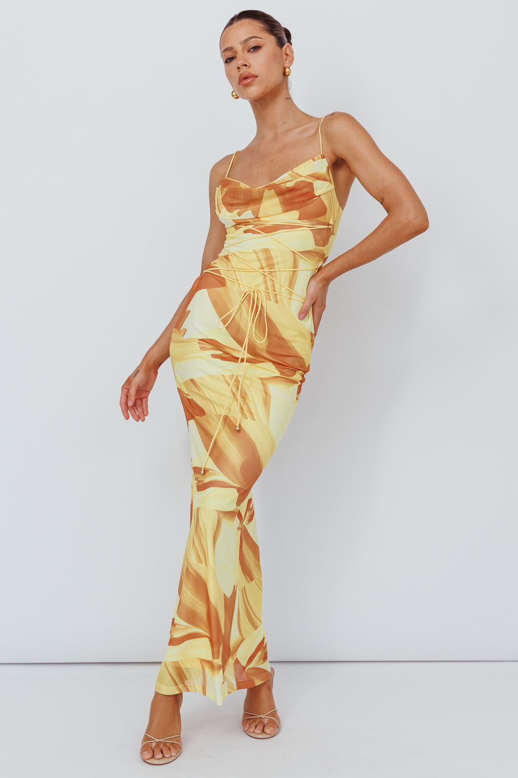 Teava Laced Waist Maxi Dress Abstract Yellow by Selfie Leslie Australia
