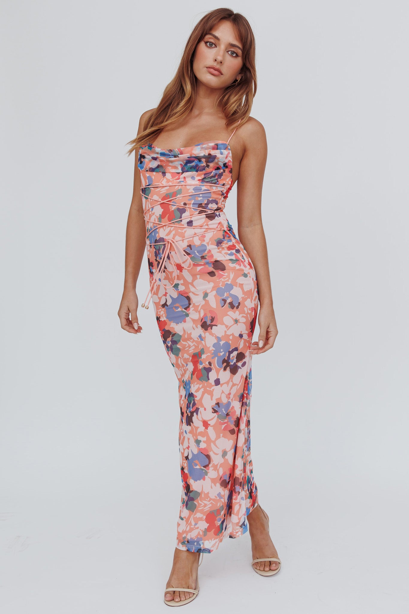 Teava Laced Waist Maxi Dress Flowers Orange by Selfie Leslie Australia